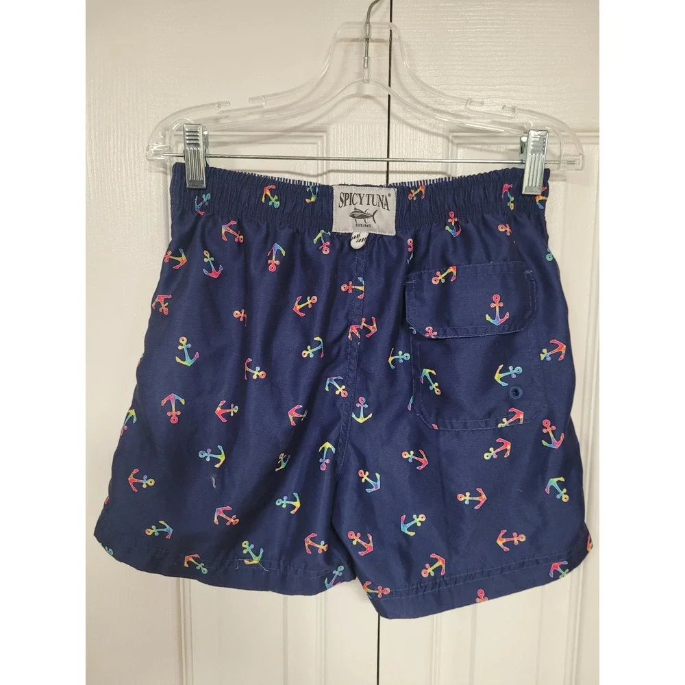Spicy Tuna Boys Swim Trunks Navy Rainbow Anchor Board Shorts Pockets Size L